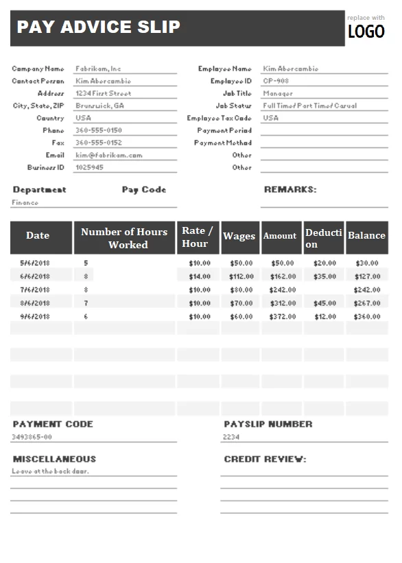 Pay Advice Slip Template