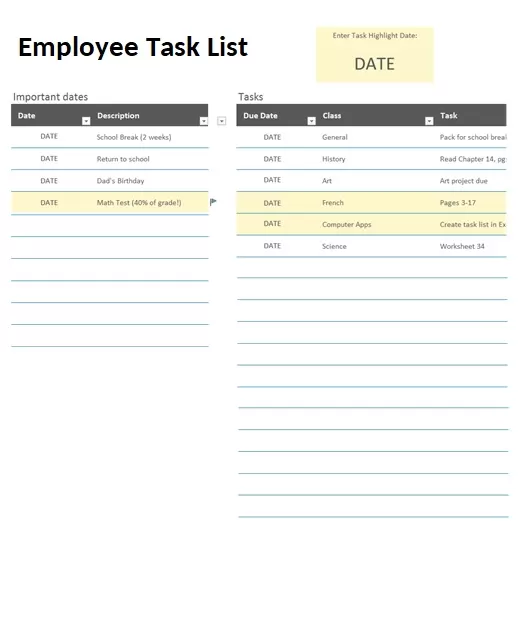 Employee task List Template Excel