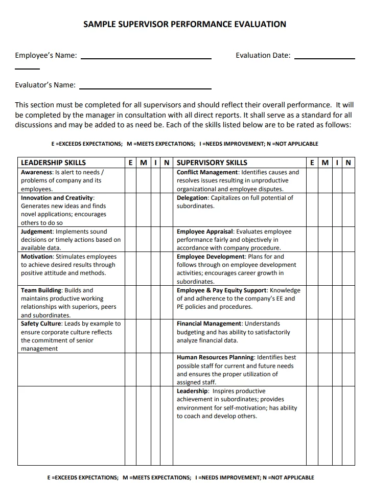 Supervisor Performance Evaluation Form